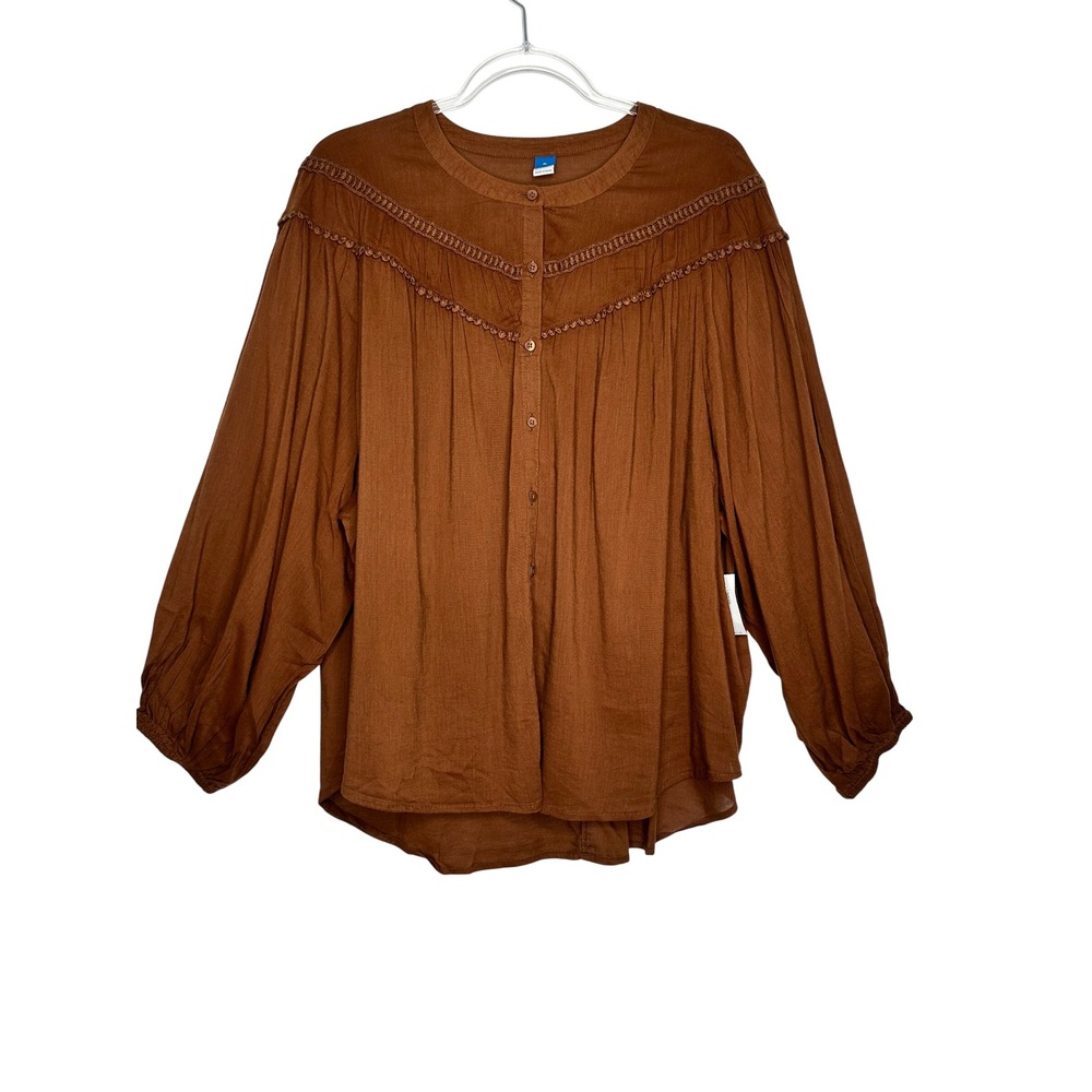 Old Navy Poet Top Size XL Brown Long Sleeve Crochet Lace Trim Boho Fall New